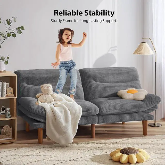 Alt view image 7 of 7 - Pipishell 75" Futon Sofa Bed, Convertible Corduroy Space-Saver Couch with Adjustable Back & Armrests, Recliner Sleeper for Small Apartments, Office, Guest Room (Asphalt Grey)