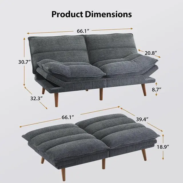 Alt view image 2 of 7 - Pipishell Futon Sofa Bed, Convertible Futon Adjustable Backrest & Armrests, Corduroy Sleeper Couch for Small Spaces, Living Room, Office, Guest Room (Asphalt Grey, 66 Inch)