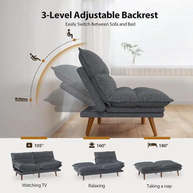 Alt view image 3 of 7 - Pipishell Futon Sofa Bed, Convertible Futon Adjustable Backrest & Armrests, Corduroy Sleeper Couch for Small Spaces, Living Room, Office, Guest Room (Asphalt Grey, 66 Inch)