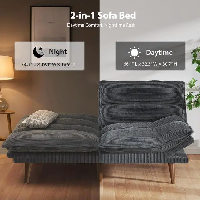 Alt view image 6 of 7 - Pipishell Futon Sofa Bed, Convertible Futon Adjustable Backrest & Armrests, Corduroy Sleeper Couch for Small Spaces, Living Room, Office, Guest Room (Asphalt Grey, 66 Inch)