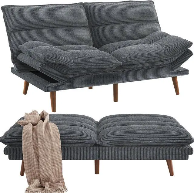 Alt view image 7 of 7 - Pipishell Futon Sofa Bed, Convertible Futon Adjustable Backrest & Armrests, Corduroy Sleeper Couch for Small Spaces, Living Room, Office, Guest Room (Asphalt Grey, 66 Inch)