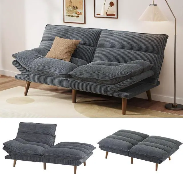 Main image of Pipishell Futon Sofa Bed, Convertible Futon Adjustable Backrest & Armrests, Corduroy Sleeper Couch for Small Spaces, Living Room, Office, Guest Room (Asphalt Grey, 66 Inch)