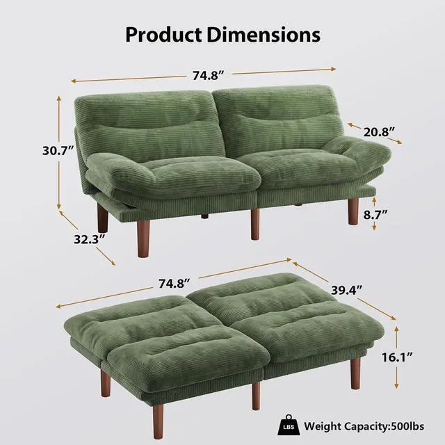 Alt view image 2 of 7 - Pipishell 75" Futon Sofa Bed, Convertible Corduroy Space-Saver Couch with Adjustable Back & Armrests, Recliner Sleeper for Small Apartments, Office, Guest Room (Green)