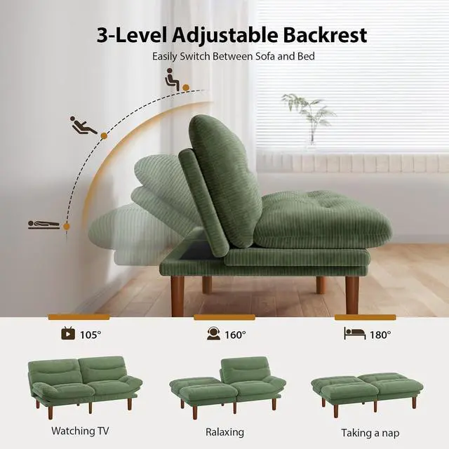 Alt view image 3 of 7 - Pipishell 75" Futon Sofa Bed, Convertible Corduroy Space-Saver Couch with Adjustable Back & Armrests, Recliner Sleeper for Small Apartments, Office, Guest Room (Green)