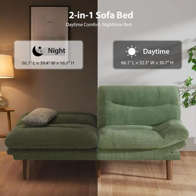 Alt view image 7 of 7 - Pipishell 75" Futon Sofa Bed, Convertible Corduroy Space-Saver Couch with Adjustable Back & Armrests, Recliner Sleeper for Small Apartments, Office, Guest Room (Green)