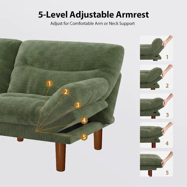 Alt view image 4 of 7 - Pipishell 75" Futon Sofa Bed, Convertible Corduroy Space-Saver Couch with Adjustable Back & Armrests, Recliner Sleeper for Small Apartments, Office, Guest Room (Green)