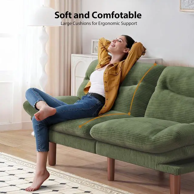 Alt view image 5 of 7 - Pipishell 75" Futon Sofa Bed, Convertible Corduroy Space-Saver Couch with Adjustable Back & Armrests, Recliner Sleeper for Small Apartments, Office, Guest Room (Green)