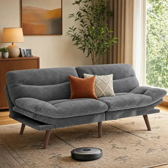 Main image of Pipishell Futon Sofa Bed, 66 Inch Corduroy Futon Couch Convertible with Adjustable Backrest and Armrests, Recliner Sleeper Sofa for Small Spaces, Living Room, Office, Guest Room (Grey, 66 Inch)