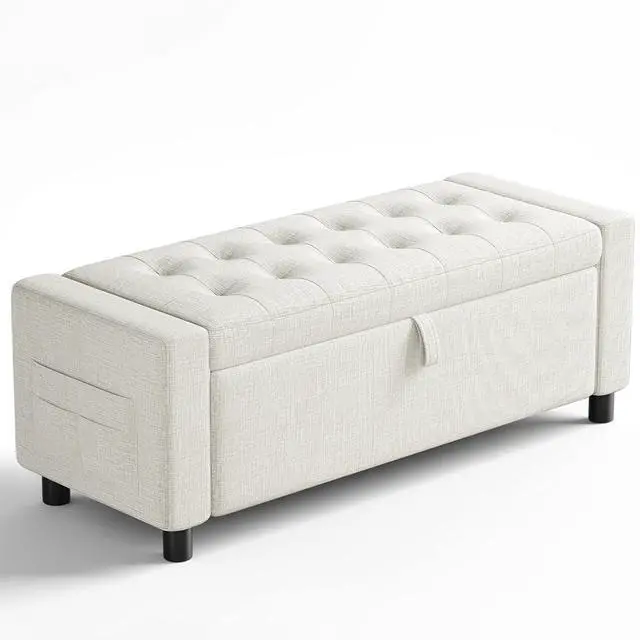 Main image of Amada 46" Storage Ottoman Bench with Safety Hinge, Hidden Compartment & Side Pocket - Upholstered End of Bed/Entryway Bench for Bedroom & Living Room, 400 lbs Weight Capacity, Beige