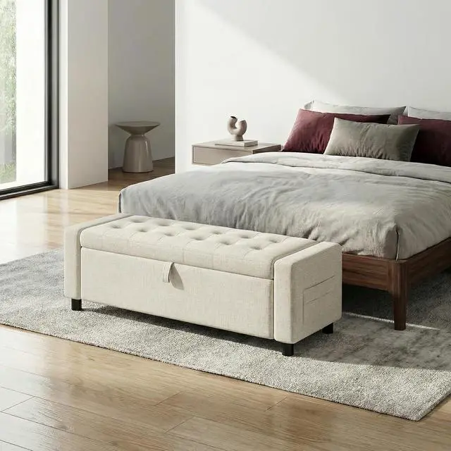 Alt view image 2 of 7 - Amada 46" Storage Ottoman Bench with Safety Hinge, Hidden Compartment & Side Pocket - Upholstered End of Bed/Entryway Bench for Bedroom & Living Room, 400 lbs Weight Capacity, Beige