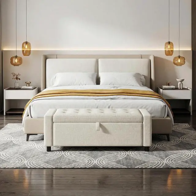 Alt view image 7 of 7 - Amada 46" Storage Ottoman Bench with Safety Hinge, Hidden Compartment & Side Pocket - Upholstered End of Bed/Entryway Bench for Bedroom & Living Room, 400 lbs Weight Capacity, Beige