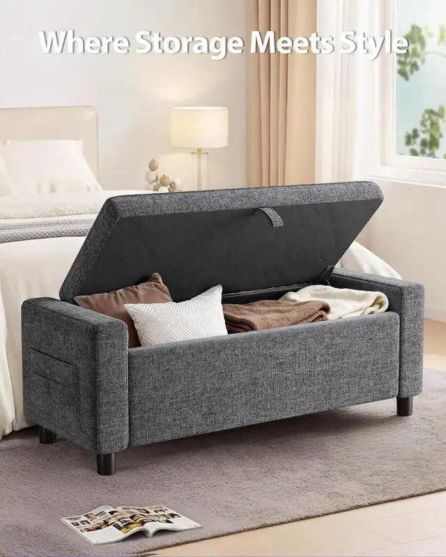 Alt view image 4 of 7 - Amada 46" Ottoman with Storage,Storage Ottoman Bench with Safety Hinge, Hidden Compartment & Side Pocket, 400 lbs Weight Capacity, end of Bed/Entryway Bench for Bedroom/Living Room, Dark Gray