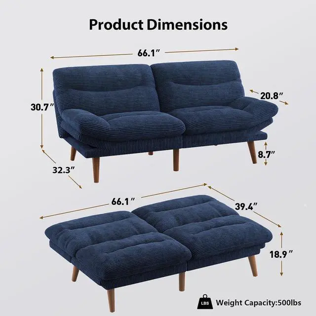 Alt view image 2 of 7 - Pipishell Futon Sofa Bed, 66 Inch Corduroy Futon Couch Convertible with Adjustable Backrest and Armrests, Recliner Sleeper Sofa for Small Spaces, Living Room, Office, Guest Room (Blue, 66 Inch)