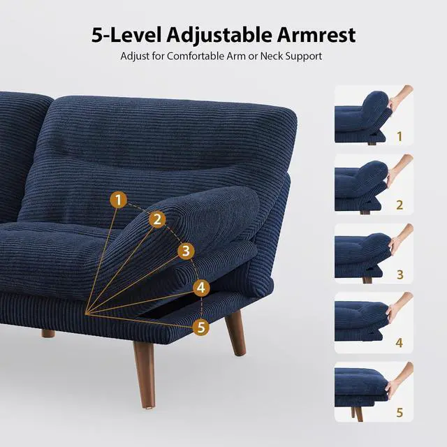 Alt view image 3 of 7 - Pipishell Futon Sofa Bed, 66 Inch Corduroy Futon Couch Convertible with Adjustable Backrest and Armrests, Recliner Sleeper Sofa for Small Spaces, Living Room, Office, Guest Room (Blue, 66 Inch)