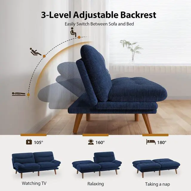 Alt view image 4 of 7 - Pipishell Futon Sofa Bed, 66 Inch Corduroy Futon Couch Convertible with Adjustable Backrest and Armrests, Recliner Sleeper Sofa for Small Spaces, Living Room, Office, Guest Room (Blue, 66 Inch)
