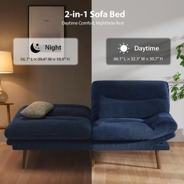 Alt view image 5 of 7 - Pipishell Futon Sofa Bed, 66 Inch Corduroy Futon Couch Convertible with Adjustable Backrest and Armrests, Recliner Sleeper Sofa for Small Spaces, Living Room, Office, Guest Room (Blue, 66 Inch)