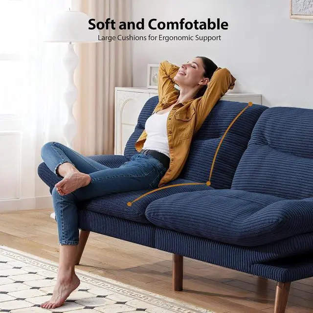 Alt view image 6 of 7 - Pipishell Futon Sofa Bed, 66 Inch Corduroy Futon Couch Convertible with Adjustable Backrest and Armrests, Recliner Sleeper Sofa for Small Spaces, Living Room, Office, Guest Room (Blue, 66 Inch)