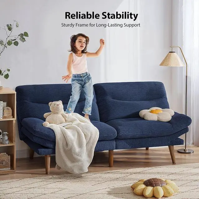 Alt view image 7 of 7 - Pipishell Futon Sofa Bed, 66 Inch Corduroy Futon Couch Convertible with Adjustable Backrest and Armrests, Recliner Sleeper Sofa for Small Spaces, Living Room, Office, Guest Room (Blue, 66 Inch)