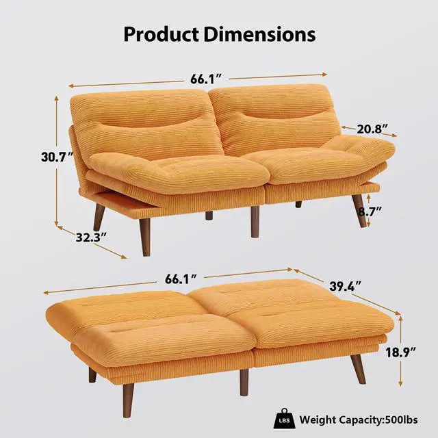 Alt view image 2 of 7 - Pipishell 66" Futon Sofa Bed, Convertible Corduroy Space-Saver Couch with Adjustable Back & Armrests, Recliner Sleeper for Small Apartments, Office, Guest Room (Orange)
