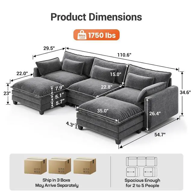 Alt view image 2 of 7 - Pipishell 110.6" Modular Sectional Sofa, U Shaped Cloud Couch with Movable Ottoman, 5-Seat Chenille Deep Seat Cloud Modular Sectional Sofa with Throw Pillows for Living Room & Apartment, Grey