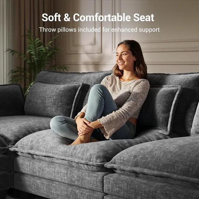 Alt view image 3 of 7 - Pipishell 110.6" Modular Sectional Sofa, U Shaped Cloud Couch with Movable Ottoman, 5-Seat Chenille Deep Seat Cloud Modular Sectional Sofa with Throw Pillows for Living Room & Apartment, Grey