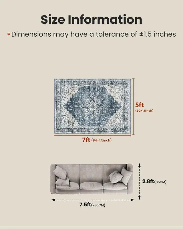 Alt view image 2 of 7 - AMADA HOMEFURNISHING 5x7 Area Rugs, Washable Living Room Rug Low-Profile with Non-Slip Backing & Durable Edge Binding, Vintage 5x7 Rugs for Living Room, Bedroom, Dinning Room