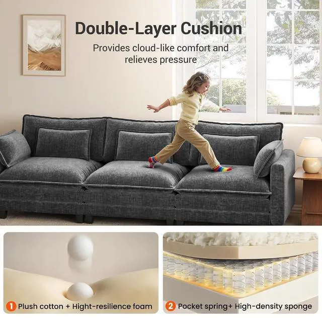 Alt view image 6 of 7 - Pipishell 110.6" Modular Sectional Sofa, U Shaped Cloud Couch with Movable Ottoman, 5-Seat Chenille Deep Seat Cloud Modular Sectional Sofa with Throw Pillows for Living Room & Apartment, Grey