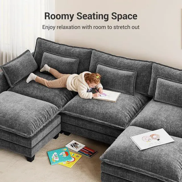 Alt view image 5 of 7 - Pipishell 110.6" Modular Sectional Sofa, U Shaped Cloud Couch with Movable Ottoman, 5-Seat Chenille Deep Seat Cloud Modular Sectional Sofa with Throw Pillows for Living Room & Apartment, Grey