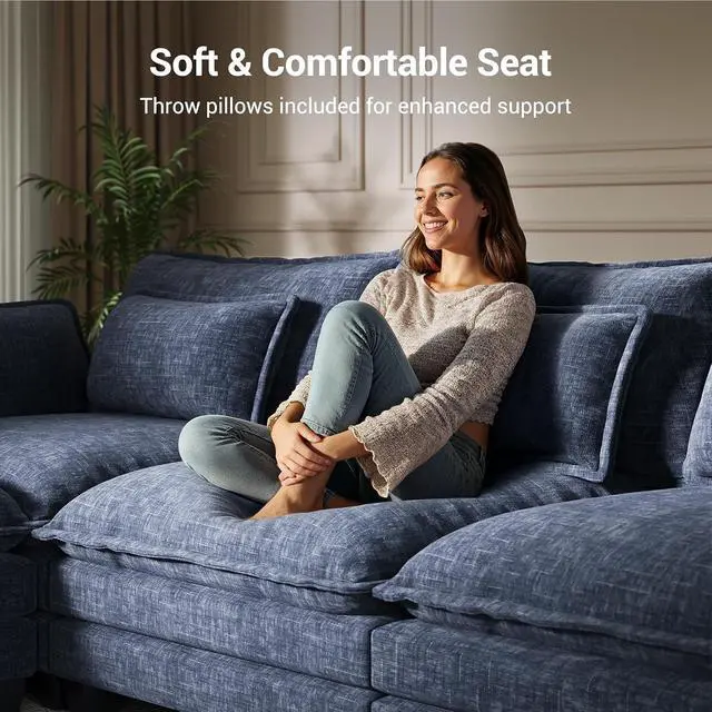 Alt view image 3 of 7 - Pipishell 110.6" Modular Sectional Sofa, U Shaped Cloud Couch with Movable Ottoman, 5-Seat Chenille Deep Seat Cloud Modular Sectional Sofa with Throw Pillows for Living Room & Apartment, Blue