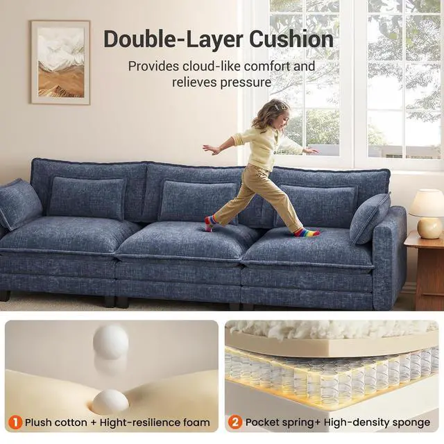 Alt view image 6 of 7 - Pipishell 110.6" Modular Sectional Sofa, U Shaped Cloud Couch with Movable Ottoman, 5-Seat Chenille Deep Seat Cloud Modular Sectional Sofa with Throw Pillows for Living Room & Apartment, Blue