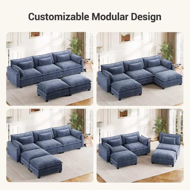 Alt view image 7 of 7 - Pipishell 110.6" Modular Sectional Sofa, U Shaped Cloud Couch with Movable Ottoman, 5-Seat Chenille Deep Seat Cloud Modular Sectional Sofa with Throw Pillows for Living Room & Apartment, Blue