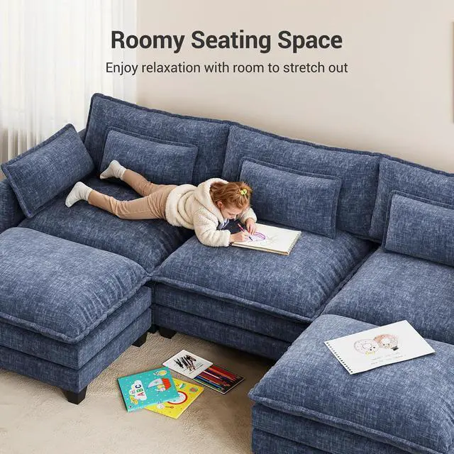Alt view image 5 of 7 - Pipishell 110.6" Modular Sectional Sofa, U Shaped Cloud Couch with Movable Ottoman, 5-Seat Chenille Deep Seat Cloud Modular Sectional Sofa with Throw Pillows for Living Room & Apartment, Blue