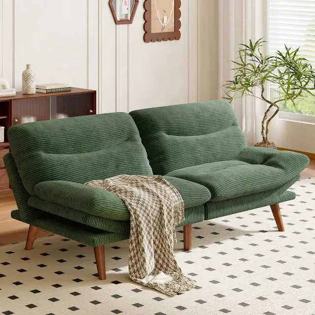 Alt view image 2 of 7 - Amada 75" Convertible Futon Sofa Bed, Corduroy Folding Futon Set with Adjustable Backrest &Armrests, Recliner Lounge for Living Room, Apartment or Office, Solid Wood Frame, Loveseat Sofa -Forest Green