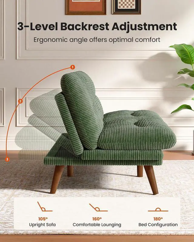 Alt view image 5 of 7 - 75Futon Sofa Bed,3-in-1 Futon Couch w/Adjustable Backrest & Armrests, Convertible Sleeper Sofa Bed, Small Folding Sleeper Recliner w/Removable Cushion for Apartment, Living Room,Office (75in,Green)
