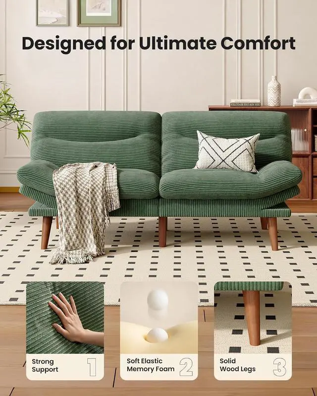 Alt view image 7 of 7 - Amada 75" Convertible Futon Sofa Bed, Corduroy Folding Futon Set with Adjustable Backrest &Armrests, Recliner Lounge for Living Room, Apartment or Office, Solid Wood Frame, Loveseat Sofa -Forest Green