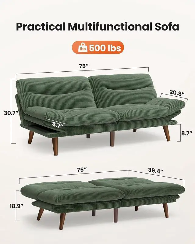 Alt view image 3 of 7 - Amada 75" Convertible Futon Sofa Bed, Corduroy Folding Futon Set with Adjustable Backrest &Armrests, Recliner Lounge for Living Room, Apartment or Office, Solid Wood Frame, Loveseat Sofa -Forest Green