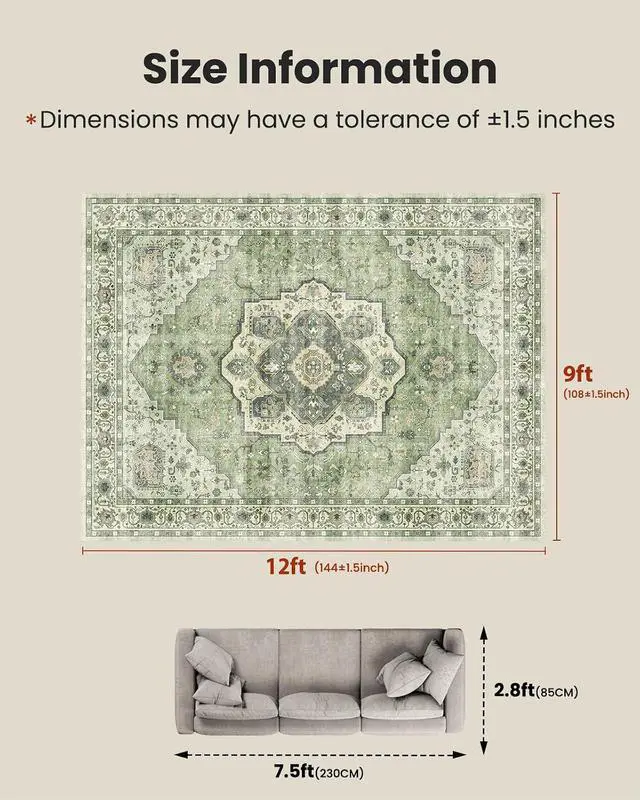 Alt view image 2 of 7 - AMADA HOMEFURNISHING 9x12 Area Rug, Washable Low-Profile Large Area Rug with Non-Slip Backing & Durable Edge Binding, Vintage Large Rugs for Living Room, Bedroom