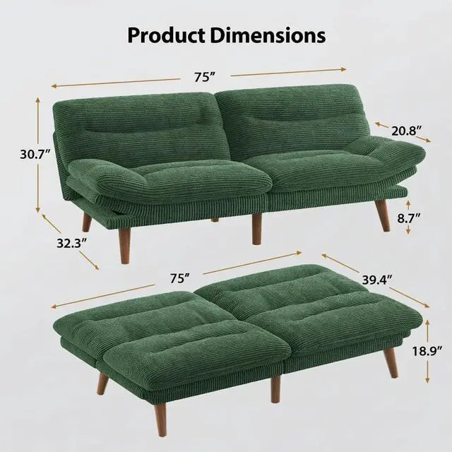 Alt view image 2 of 7 - Pipishell Futon Sofa Bed, 75 Inch Corduroy Futon Couch Convertible with Adjustable Backrest and Armrests, Recliner Sleeper Sofa for Small Spaces, Living Room, Office, Guest Room (Green, 75 Inch)