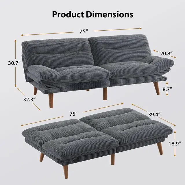 Alt view image 2 of 7 - 75Futon Sofa Bed,3-in-1 Futon Couch w/Adjustable Backrest & Armrests, Convertible Sleeper Sofa Bed, Small Folding Sleeper Recliner w/Removable Cushion for Apartment, Living Room,Office (75in,Grey)