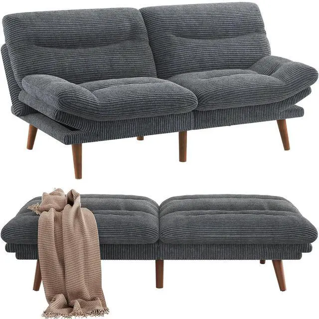 Main image of Pipishell Futon Sofa Bed, 66 Inch Corduroy Futon Couch Convertible with Adjustable Backrest and Armrests, Recliner Sleeper Sofa for Living Room, Office, Guest Room (Soft Grey)