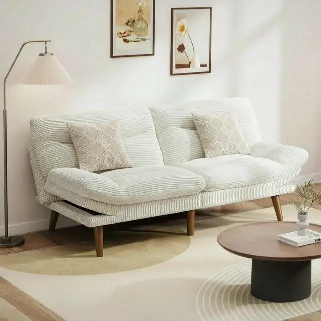 Alt view image 2 of 7 - Pipishell Futon Sofa Bed, Modern 73" Futon Couch Convertible to Bed & Lounger, Compact Size, Corduroy Loveseat, Durable Construction - Fits Small Spaces, Apartments,Study Room (Beige White, 73 Inch)