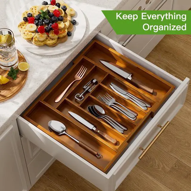 Alt view image 2 of 7 - Pipishell Bamboo Expandable Drawer Organizer for Utensils Holder, Adjustable Silverware Organizer Cutlery Tray, Drawer Dividers for Utensils, Flatware, Knives in Kitchen, Bedroom, Living Room Brown