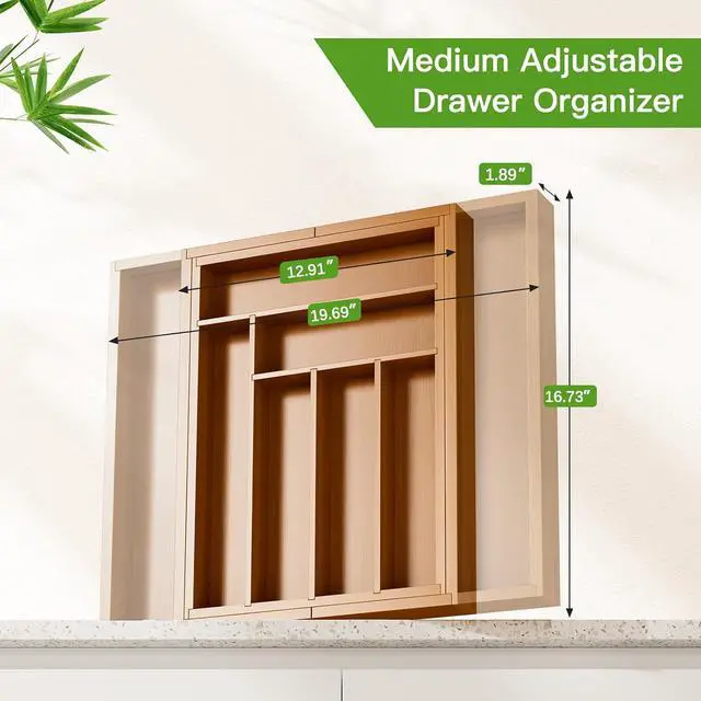 Alt view image 3 of 7 - Pipishell Bamboo Expandable Drawer Organizer for Utensils Holder, Adjustable Silverware Organizer Cutlery Tray, Drawer Dividers for Utensils, Flatware, Knives in Kitchen, Bedroom, Living Room Brown