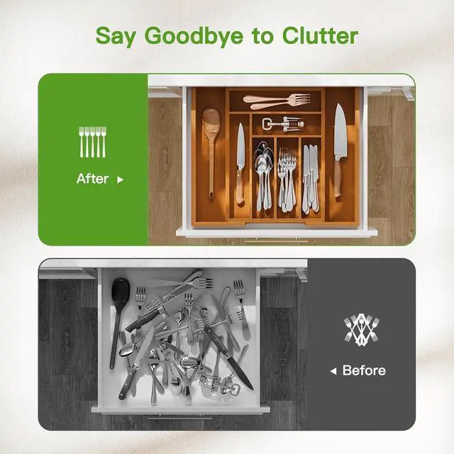 Alt view image 5 of 7 - Pipishell Bamboo Expandable Drawer Organizer for Utensils Holder, Adjustable Silverware Organizer Cutlery Tray, Drawer Dividers for Utensils, Flatware, Knives in Kitchen, Bedroom, Living Room Brown