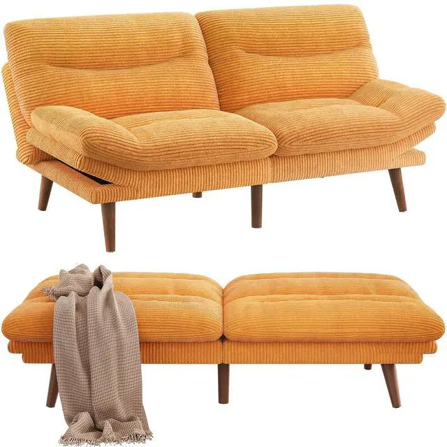 Main image of Pipishell Futon Sofa Bed, 66 Inch Corduroy Futon Couch Convertible with Adjustable Backrest and Armrests, Recliner Sleeper Sofa for Small Spaces, Living Room, Office, Guest Room (Yellow, 66 Inch)