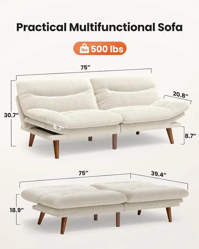 Alt view image 2 of 7 - 75Futon Sofa Bed,3-in-1 Futon Couch w/Adjustable Backrest & Armrests, Convertible Sleeper Sofa Bed, Small Folding Sleeper Recliner w/Removable Cushion for Apartment, Living Room,Office (75in,Beige)
