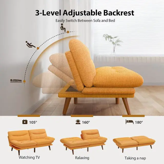 Alt view image 4 of 7 - Pipishell 66" Futon Sofa Bed, Convertible Corduroy Space-Saver Couch with Adjustable Back & Armrests, Recliner Sleeper for Small Apartments, Office, Guest Room (Orange)