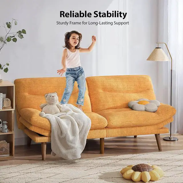 Alt view image 6 of 7 - Pipishell 66" Futon Sofa Bed, Convertible Corduroy Space-Saver Couch with Adjustable Back & Armrests, Recliner Sleeper for Small Apartments, Office, Guest Room (Orange)