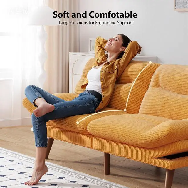 Alt view image 7 of 7 - Pipishell 66" Futon Sofa Bed, Convertible Corduroy Space-Saver Couch with Adjustable Back & Armrests, Recliner Sleeper for Small Apartments, Office, Guest Room (Orange)
