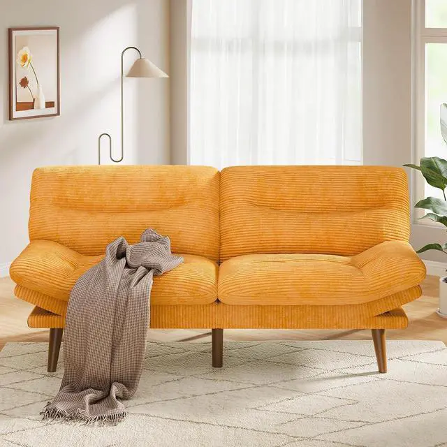 Main image of Pipishell 66" Futon Sofa Bed, Convertible Corduroy Space-Saver Couch with Adjustable Back & Armrests, Recliner Sleeper for Small Apartments, Office, Guest Room (Orange)